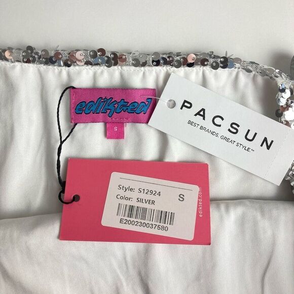 Edikted Sabina Low Rise Sequin Mini Skirt in Silver sz Disco Skirt Mirror Ball - Picture 3 of 8